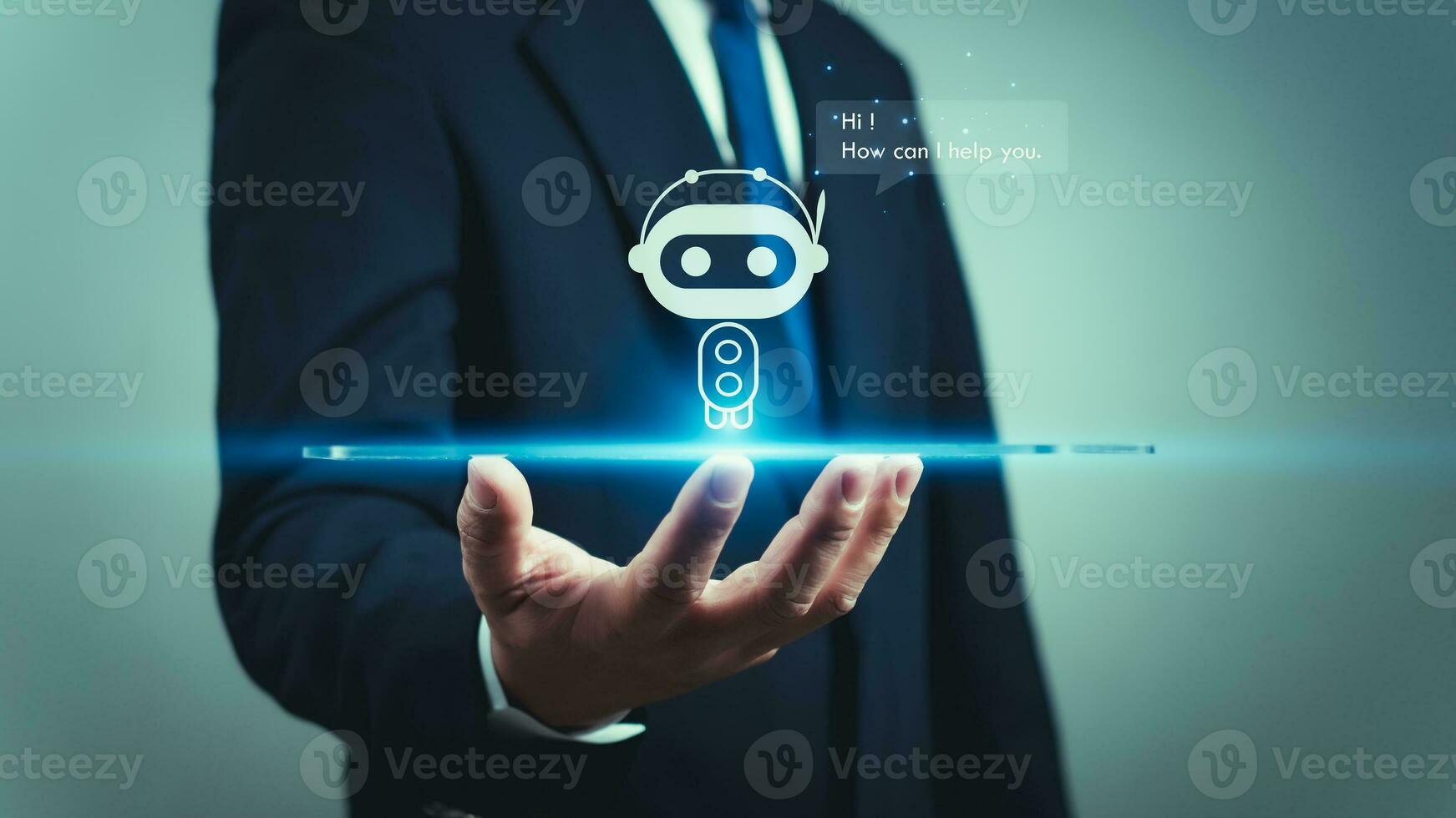 un' uomo d'affari usi il suo mano per Schermo un' ologramma di un' robot o intelligente ai programma, mostrando un' q un' Chiacchierare con un artificiale intelligenza sistema, chatbot, ai assistente. foto