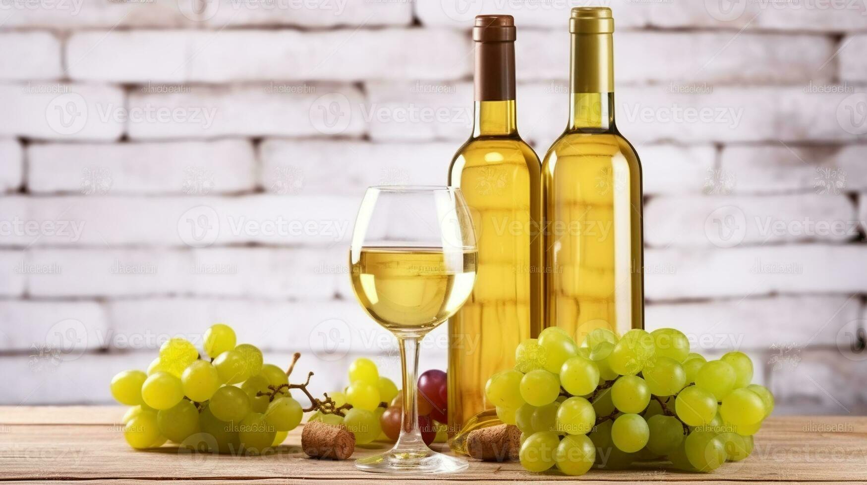 senza tempo eleganza. Vintage ▾ bianca vino, occhiali, e uva su un' rustico di legno tavolo. generativo ai foto