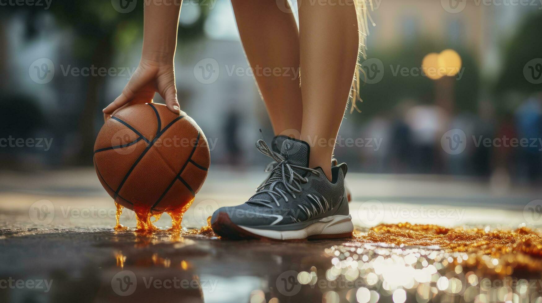 ragazza con pallacanestro in bilico per giocare a. generativo ai foto