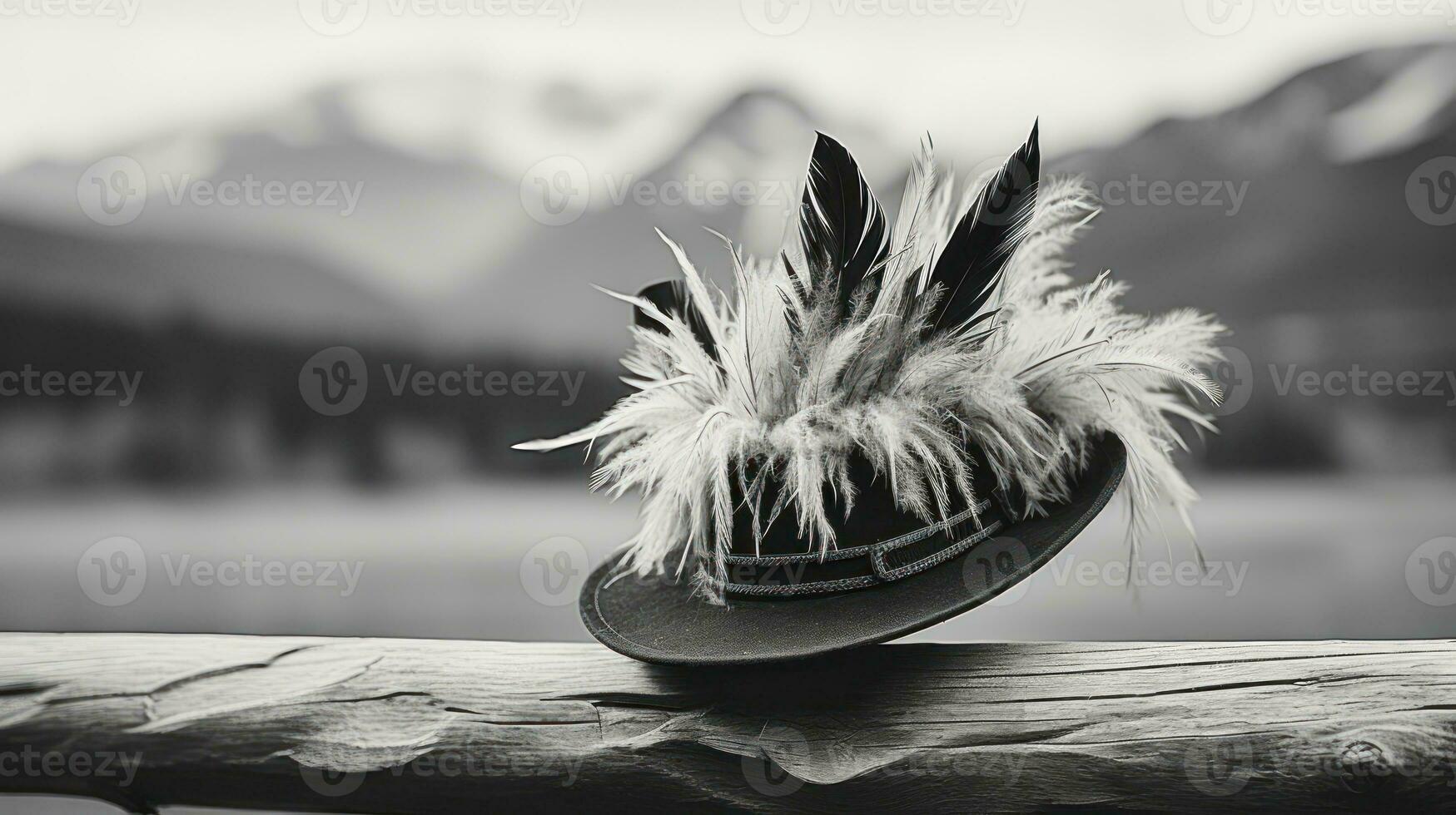 rustico eleganza - cappello con piume fatto a mano su un' di legno recinto nel il inverno su il sfondo di il montagne. nero e bianca foto. generativo ai foto