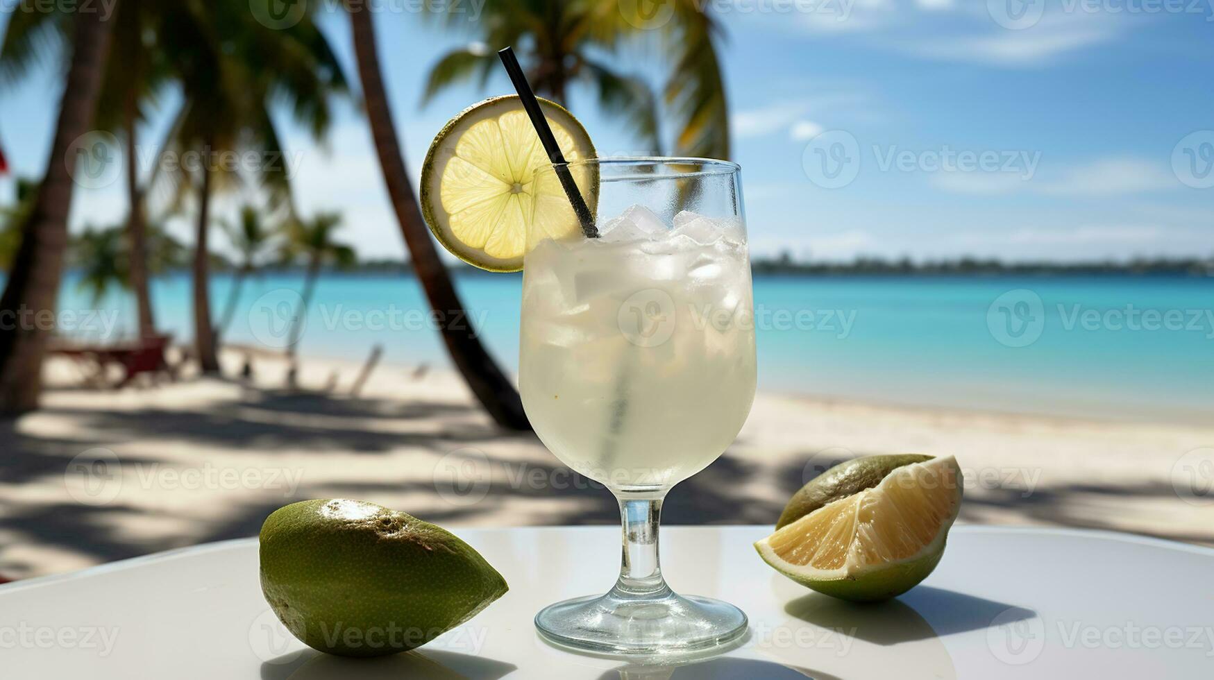 un' bianca cocktail su un' illuminata dal sole spiaggia. puro beatitudine nel un' bicchiere. generativo ai foto