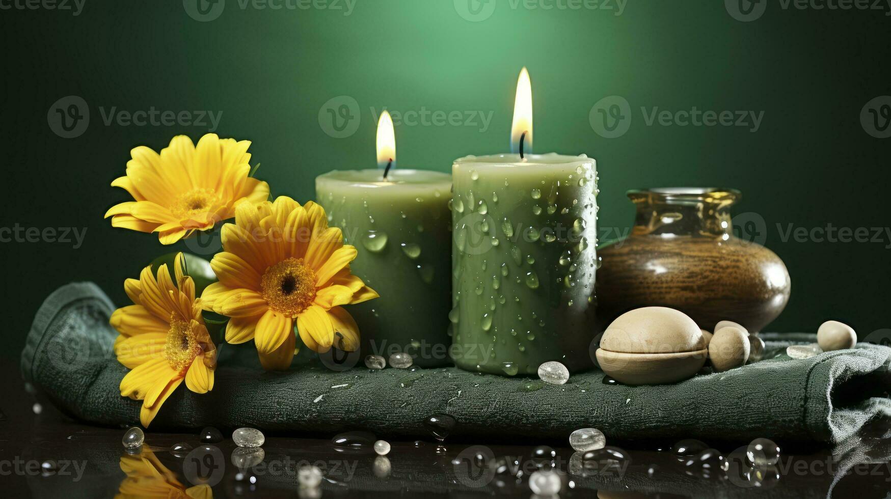 terme ancora vita con candele fiore asciugamano e pietre su verde sfondo. generativo ai foto