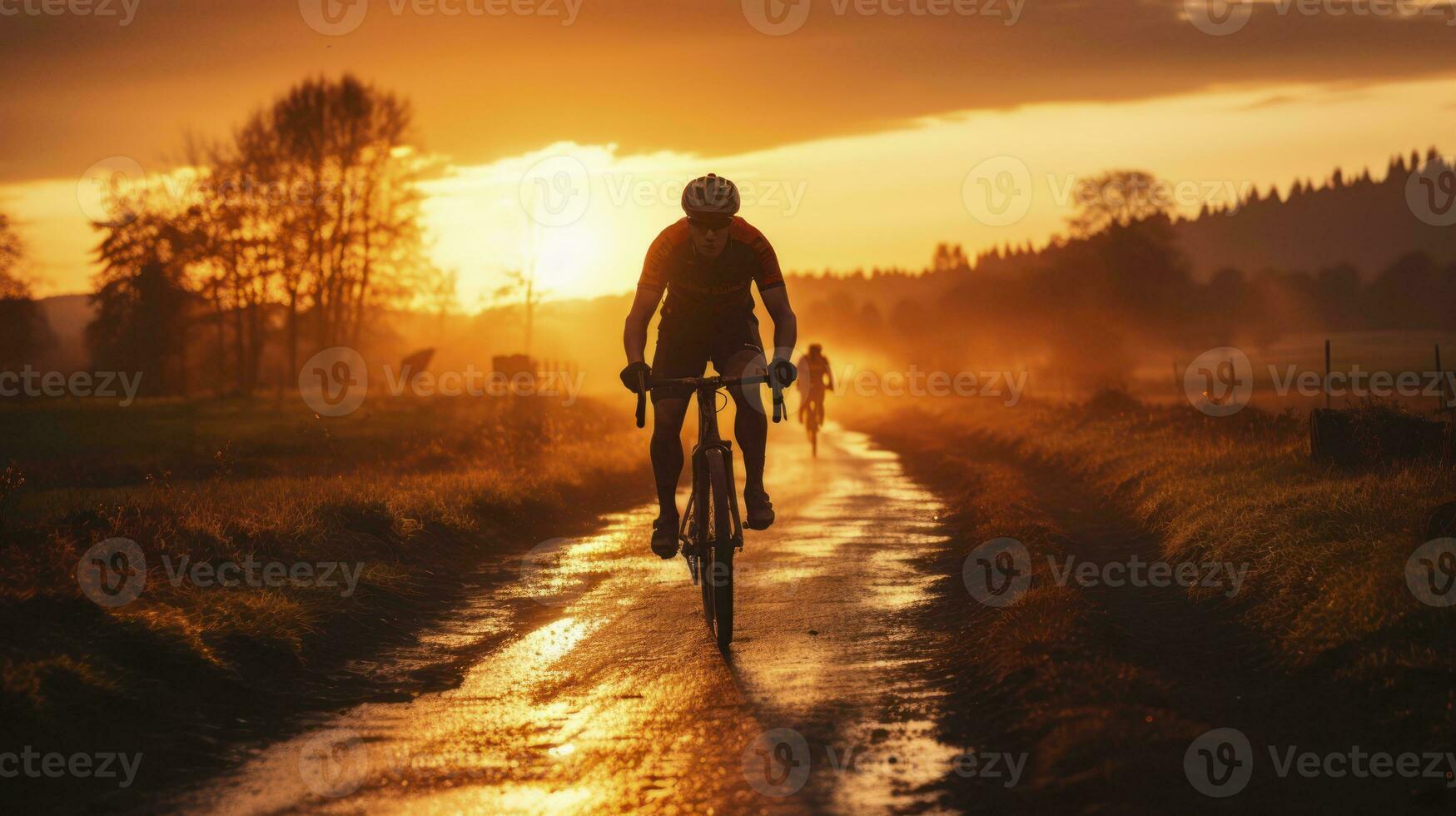 crepuscolo trekking - silhouette di un' ciclista su un' ghiaia bicicletta equitazione un' sentiero. generativo ai foto