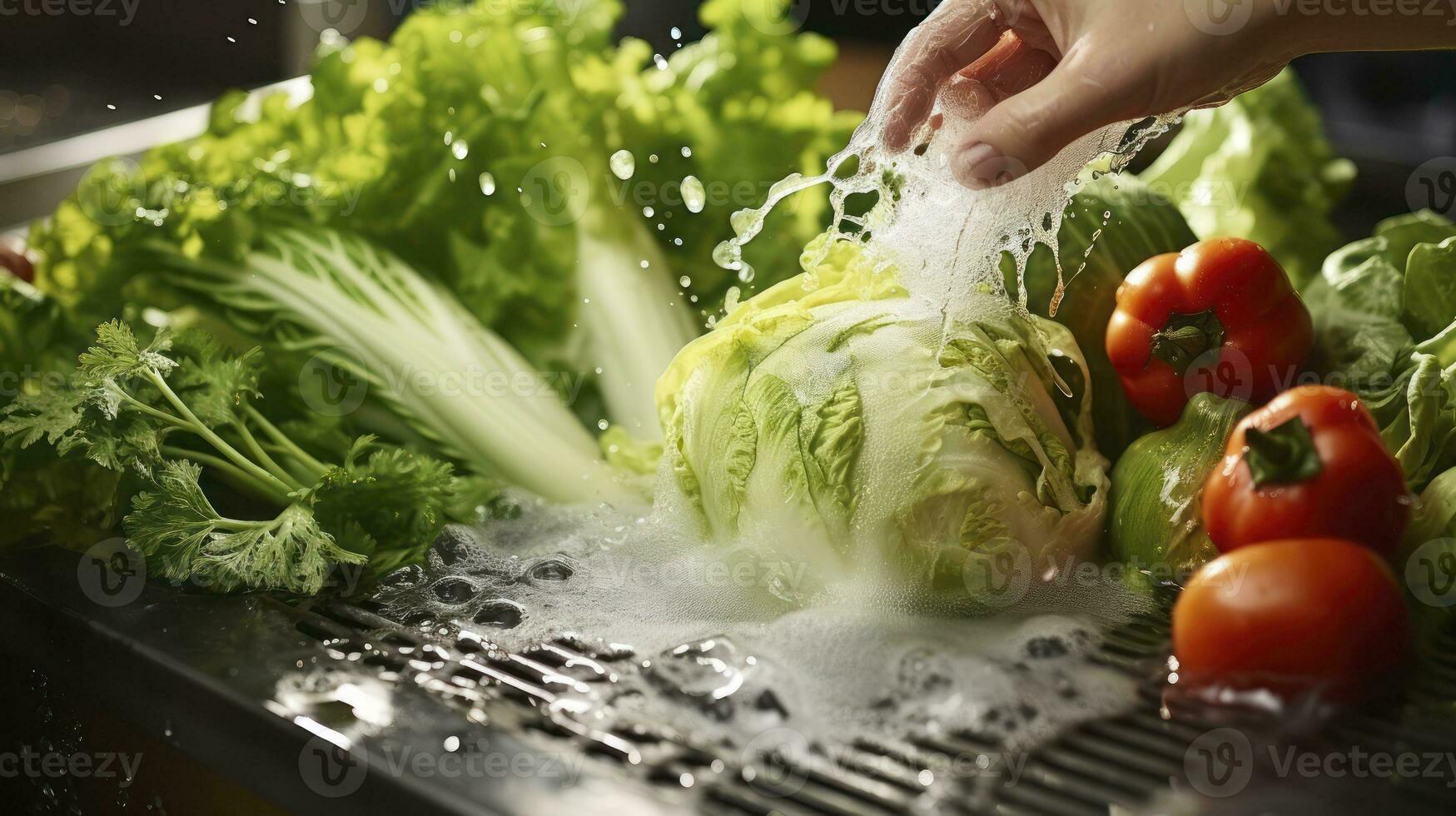 il dettagliato processi di lavaggio verdure a il lavello, garantendo ogni mordere è gratuito a partire dal contaminanti e pieno di gusto. generativo ai foto