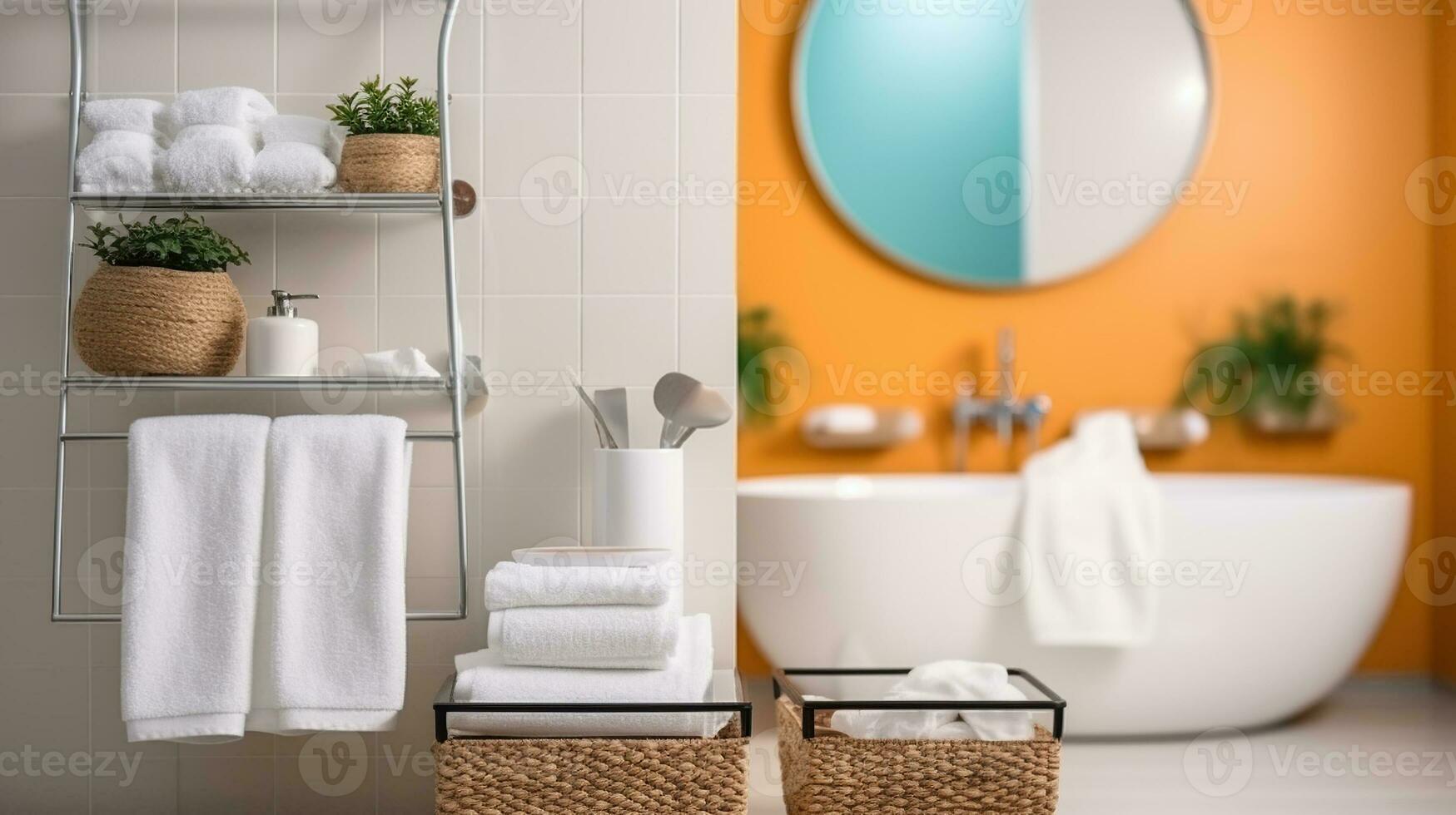 contemporaneo eleganza - un' moderno bagno oasi con pulito asciugamani. generativo ai foto