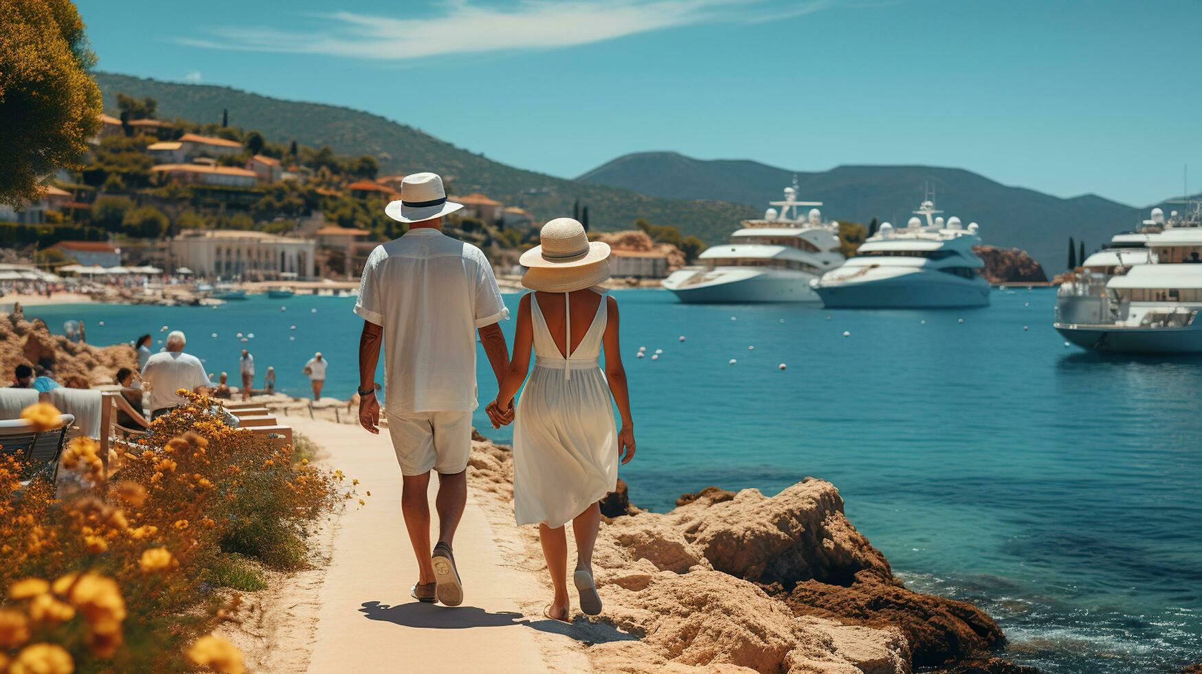 anziano piccioncini su un' spiaggia scappa. esplorando il costa insieme. generativo ai foto