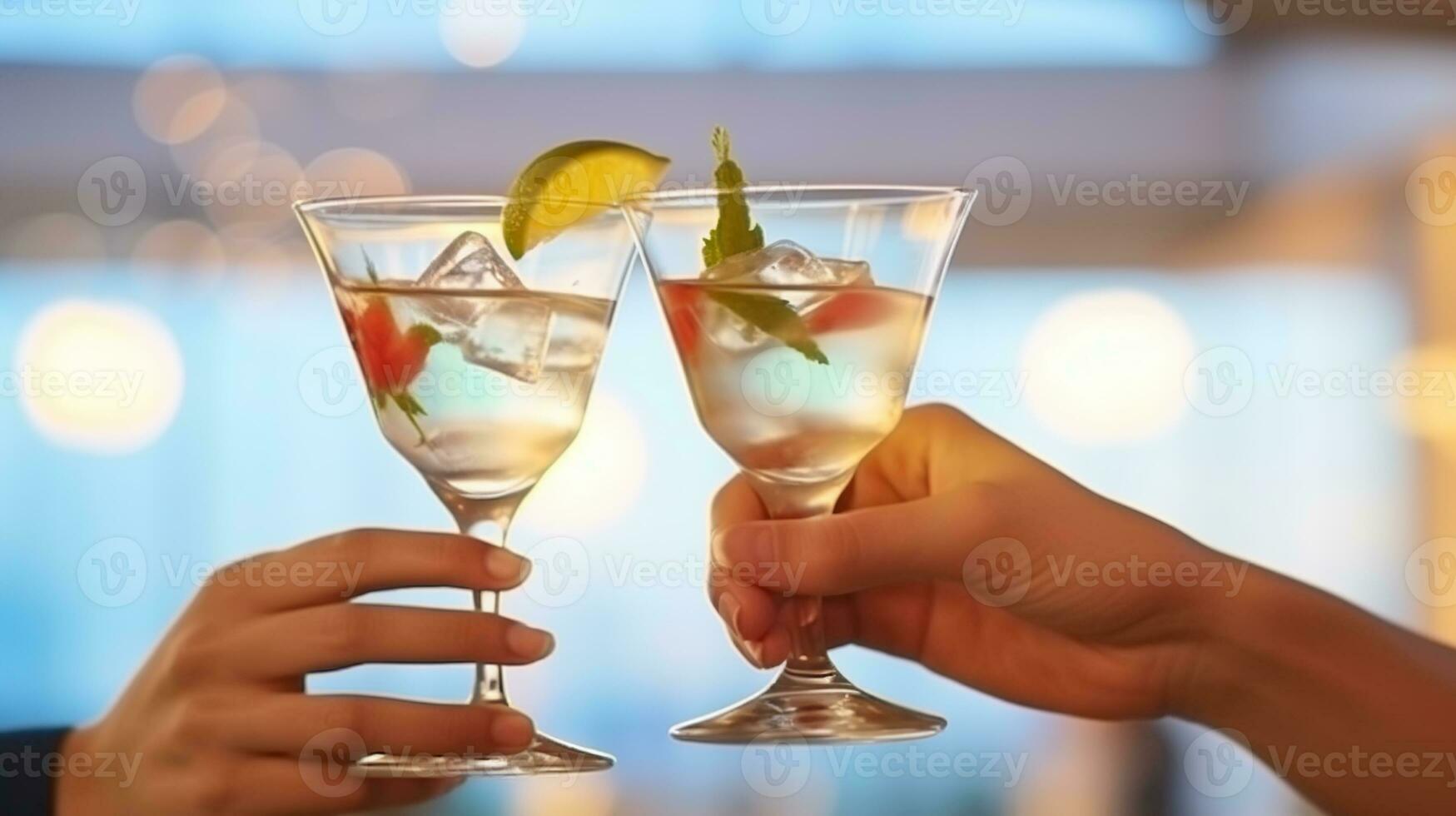 uomo e donna tostatura con cocktail occhiali. rigenerativo ai foto