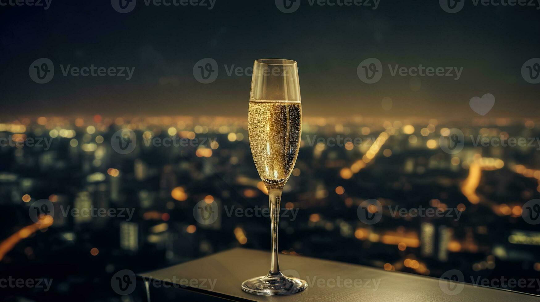 bicchiere di Champagne e città visualizzazioni a partire dal un' grattacielo vertice. generativo ai foto