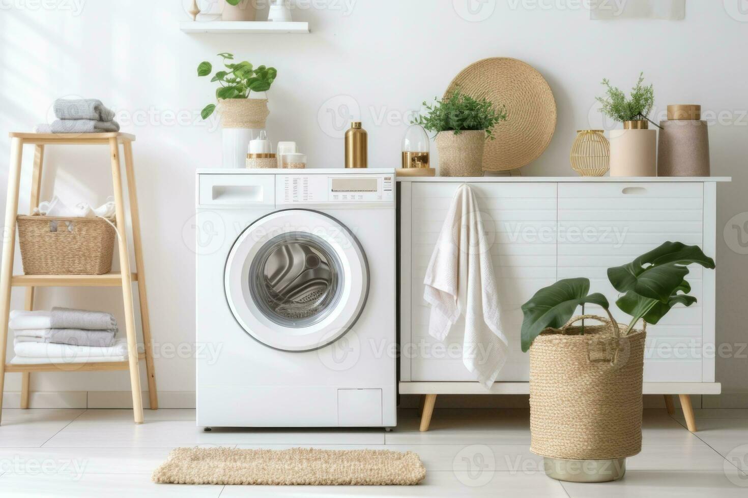 interno di casa lavanderia camera con moderno lavaggio macchina. generativo ai foto