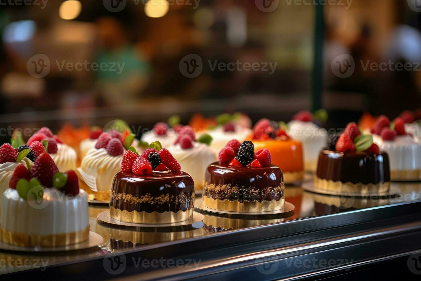 piccolo torte su Schermo a il pasticceria contatore. Pasticcino negozio bicchiere Schermo con torte. generativo ai foto