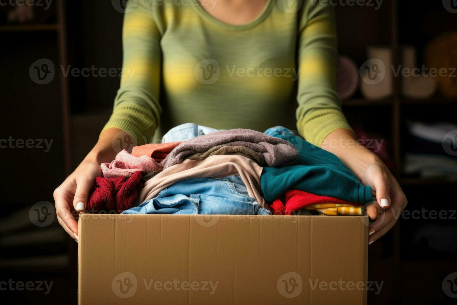 volontario detiene un' Abiti donazione scatola pieno con capi di abbigliamento e domestico Oggetti. generativo ai foto