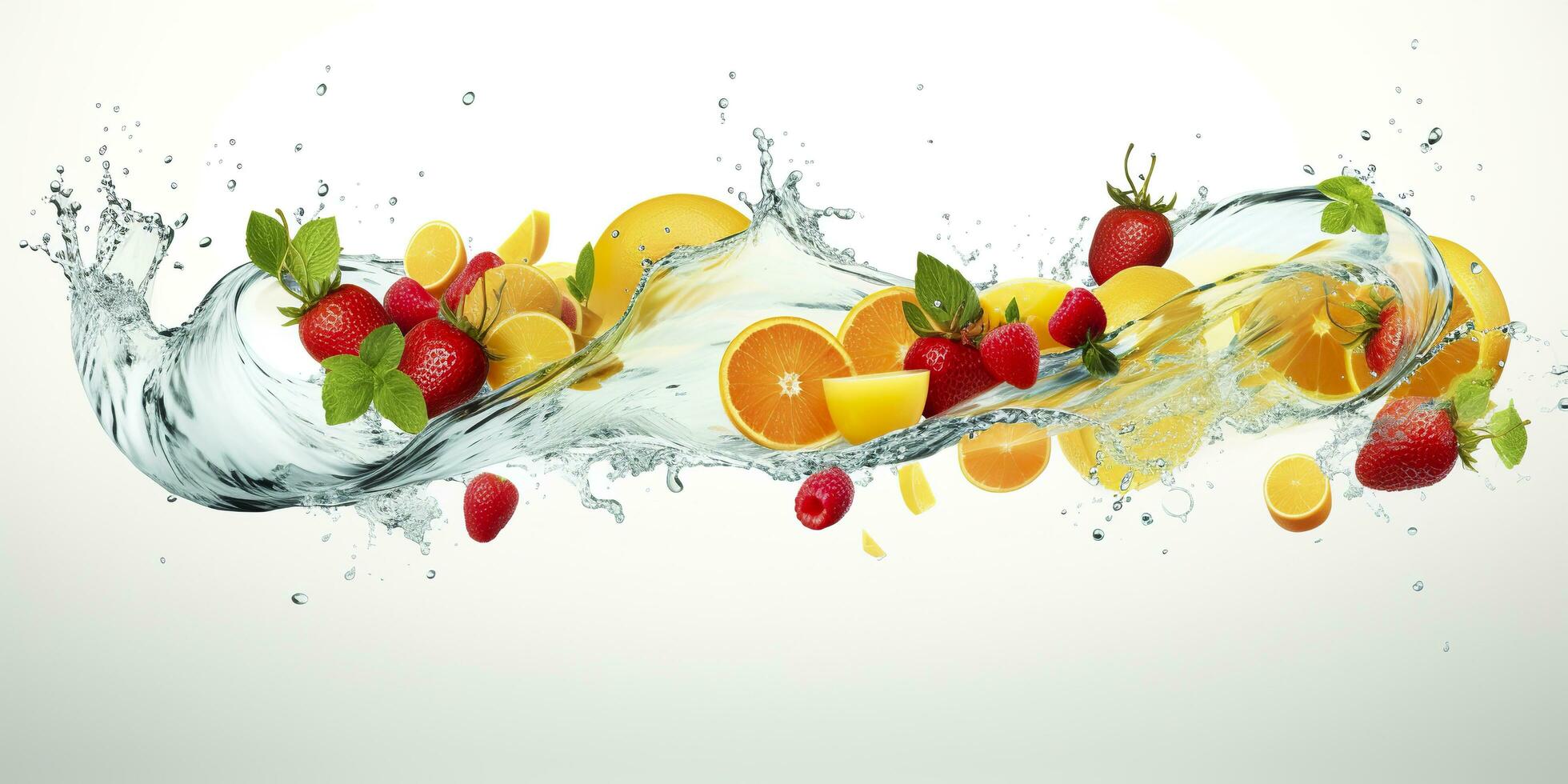 turbine acqua spruzzo con frutta. liquido flusso con ghiaccio cubi e un' mescolare di fresco frutta. generativo ai foto