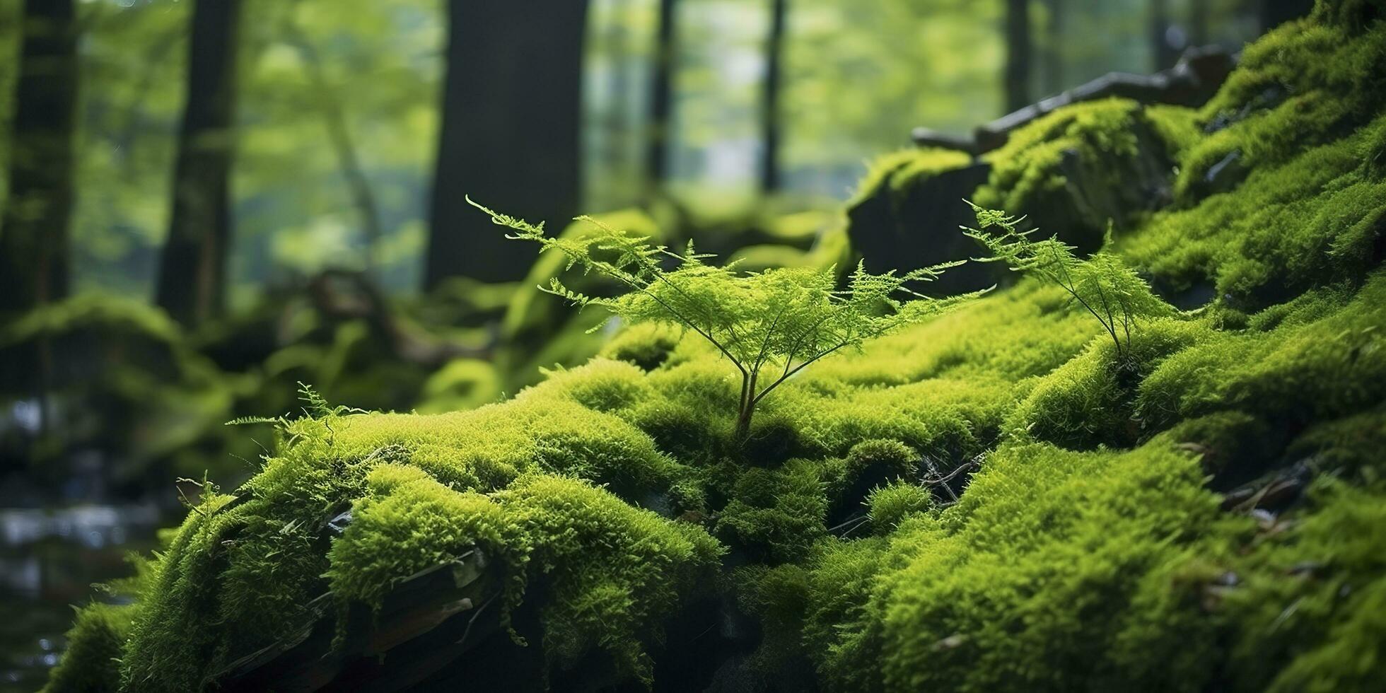 verde muschio avvicinamento, con un' fondale di bosco. foresta nel il nazionale parco. ai generato foto