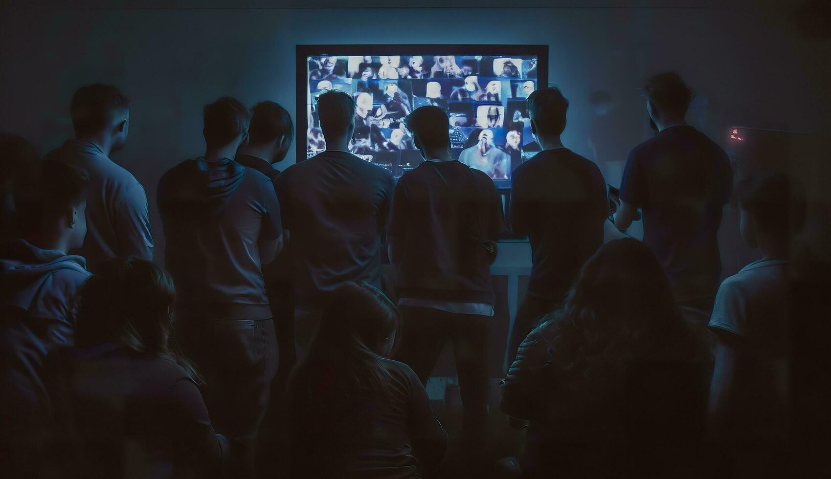 persone folla Guardando tv. tv dipendenza, propaganda e falso notizia concetto. generativo ai foto