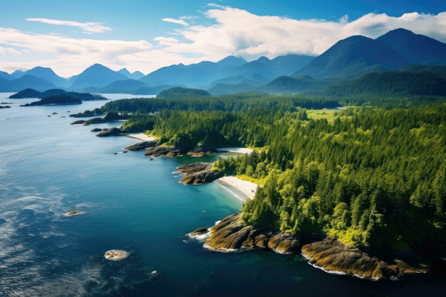 aereo Visualizza di il mare e montagne. bellissimo natura di Norvegia, paesaggio di Tofino coperto nel verdura circondato di il mare nel il vancouver isole, Canada, ai generato foto