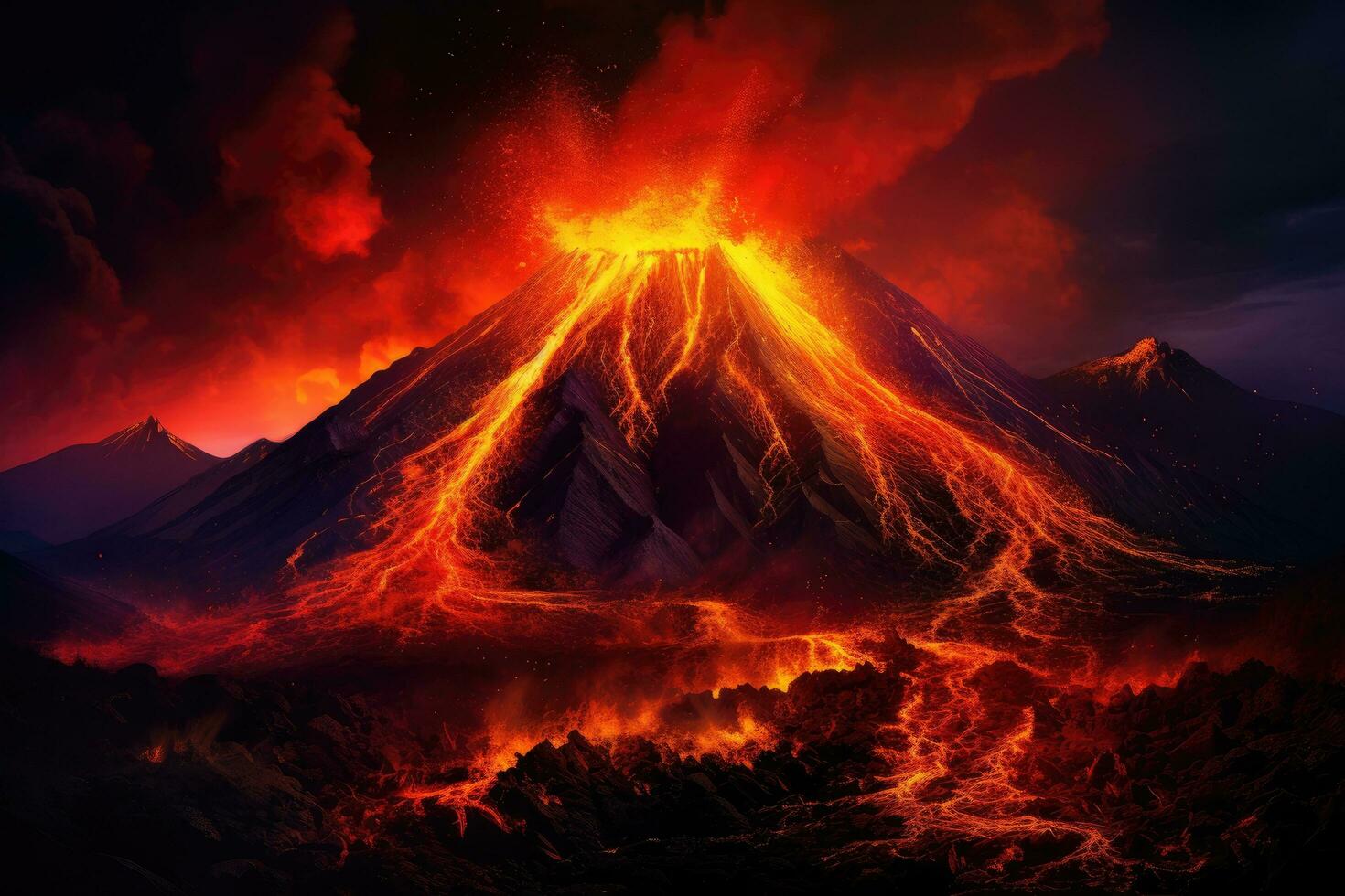 vulcano eruzione a notte, 3d rendere. bellissimo vulcanico paesaggio, lava fluente lava in un' montagna, ai generato foto