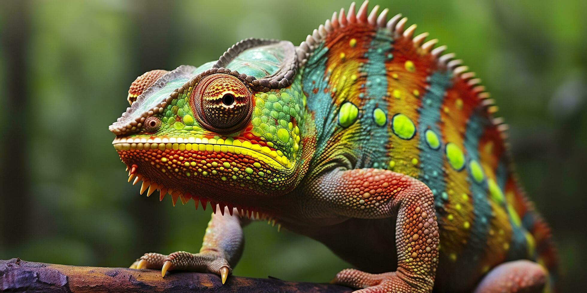 un' colorato vicino su camaleonte con un' alto cresta su suo testa. generativo ai foto