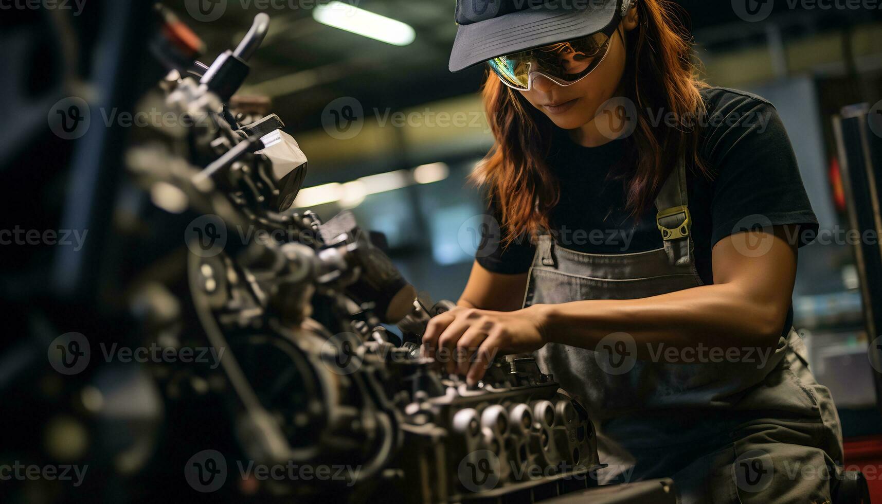 femmina meccanico riparazione auto nel laboratorio generativo ai foto