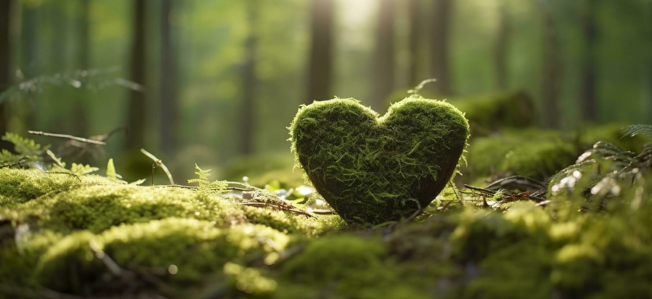 avvicinamento di di legno cuore su muschio. naturale sepoltura tomba nel il boschi. generativo ai foto