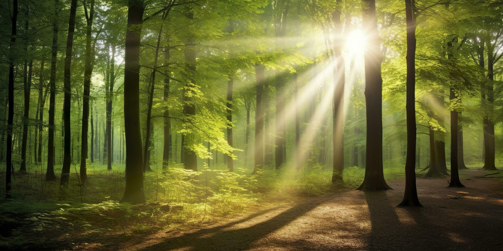 bellissimo raggi di luce del sole nel un' verde foresta. generativo ai foto