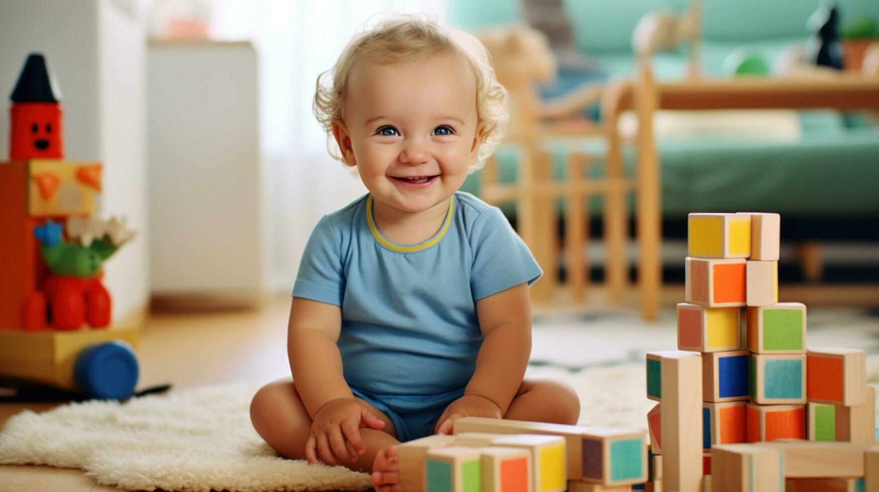 bambino giochi con colorato edificio blocchi nel il suo vivente camera foto