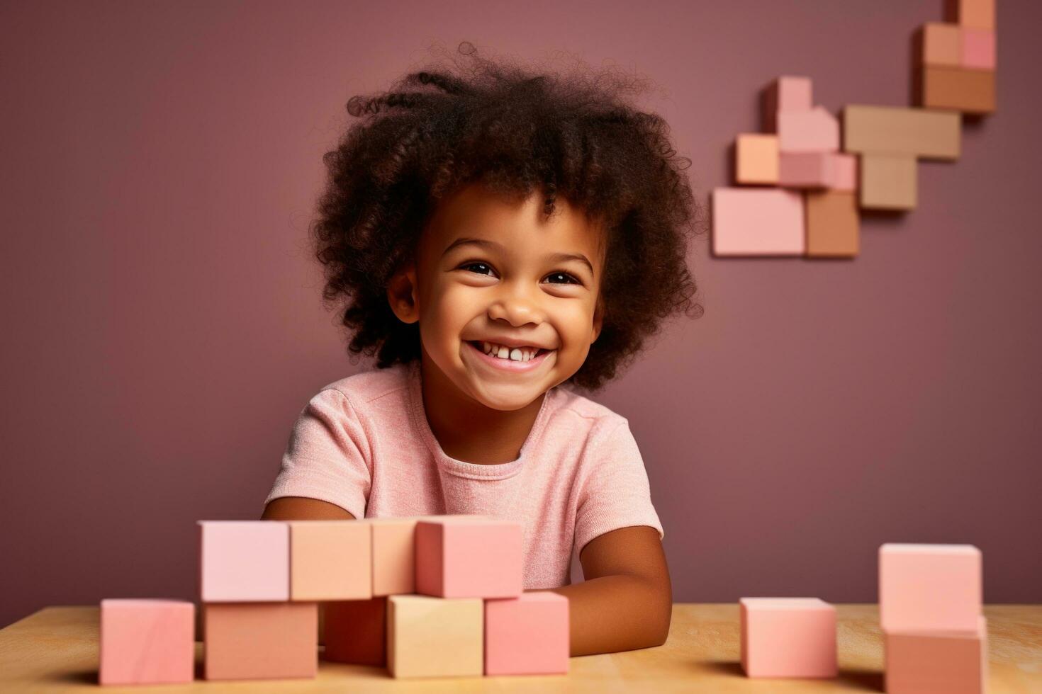 bambino giochi con colorato edificio blocchi nel il suo vivente camera foto