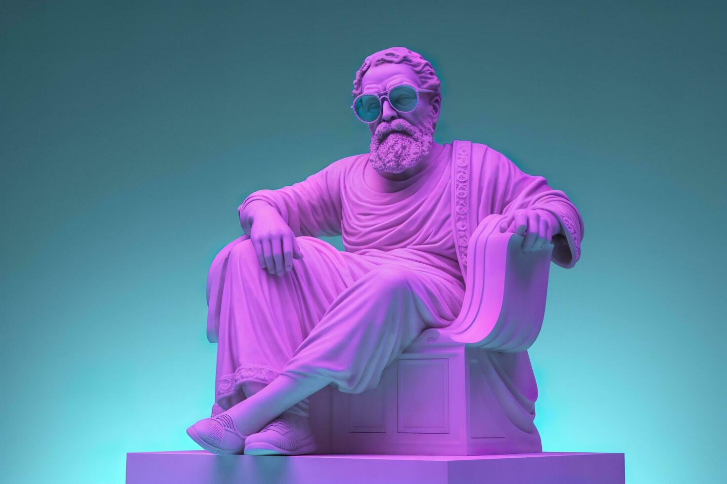 un' bianca statua di Platone nel un' freddo posa, indossare magenta e ciano 3d occhiali, pronto per festa. ai generativo foto