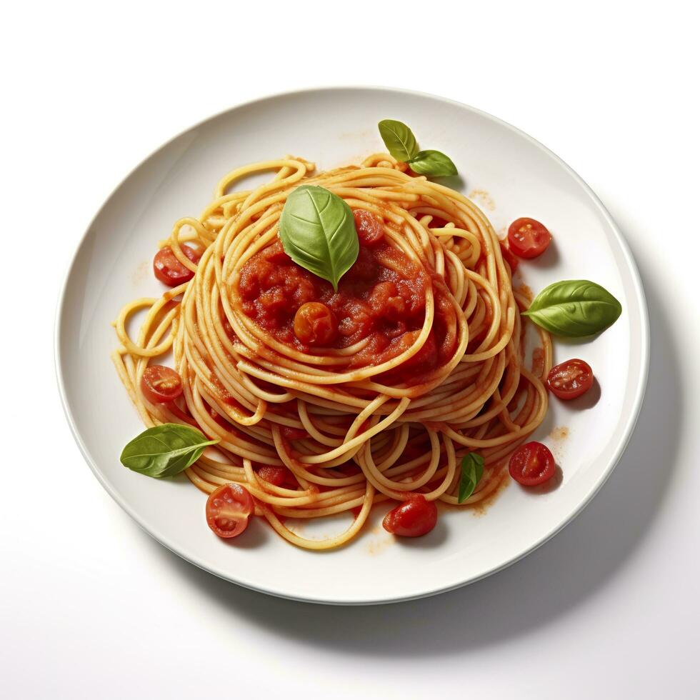 delizioso piatto di spaghetti con pomodoro salsa su un' bianca sfondo generativo ai foto