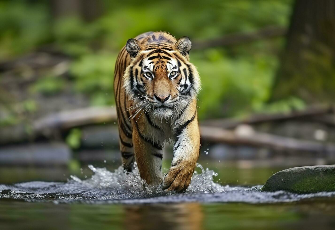 amur tigre a piedi nel il acqua. pericoloso animale. animale nel un' verde foresta flusso. generativo ai foto