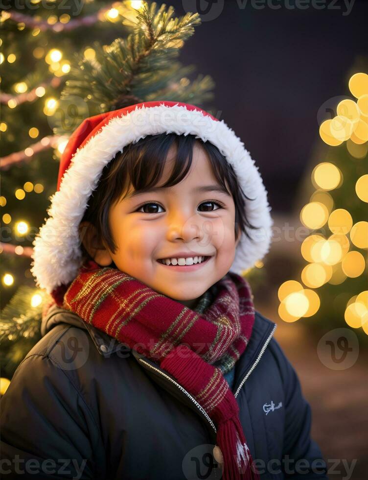 ai generativo, carino ragazzo nel Santa Claus costume su sfocato nevoso Natale vigilia sfondo foto