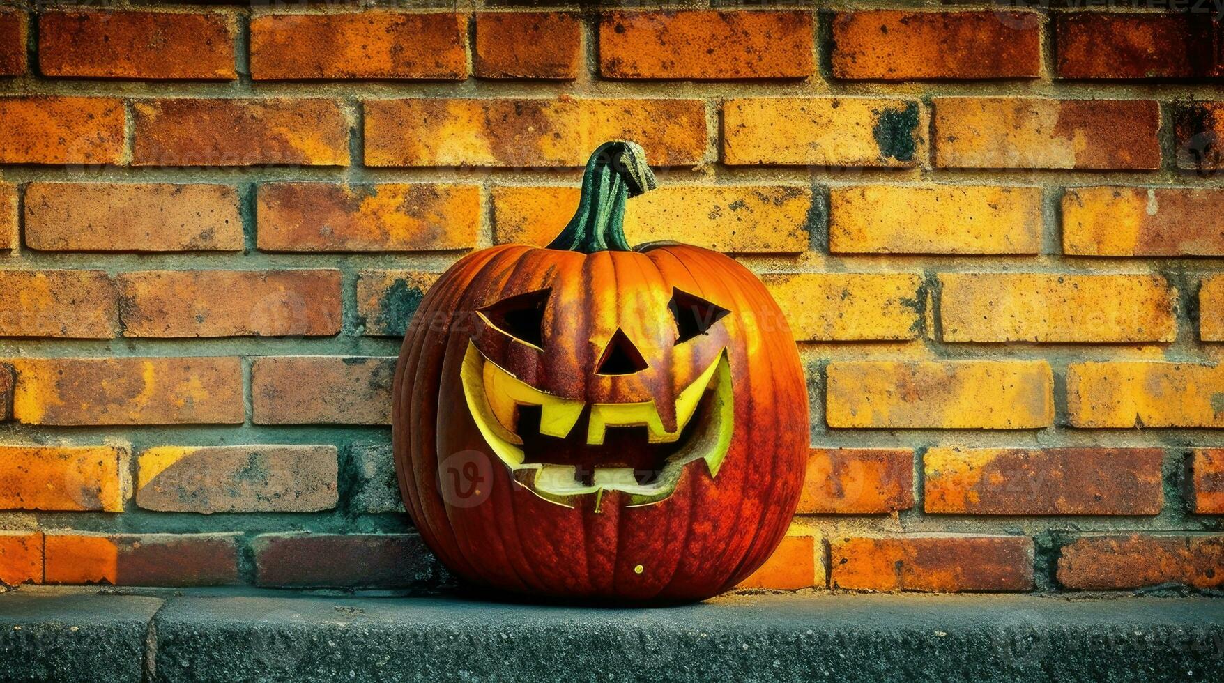 ai generativo, Jack o lanterna su un' mattone parete per Halloween giorno celebrazione foto