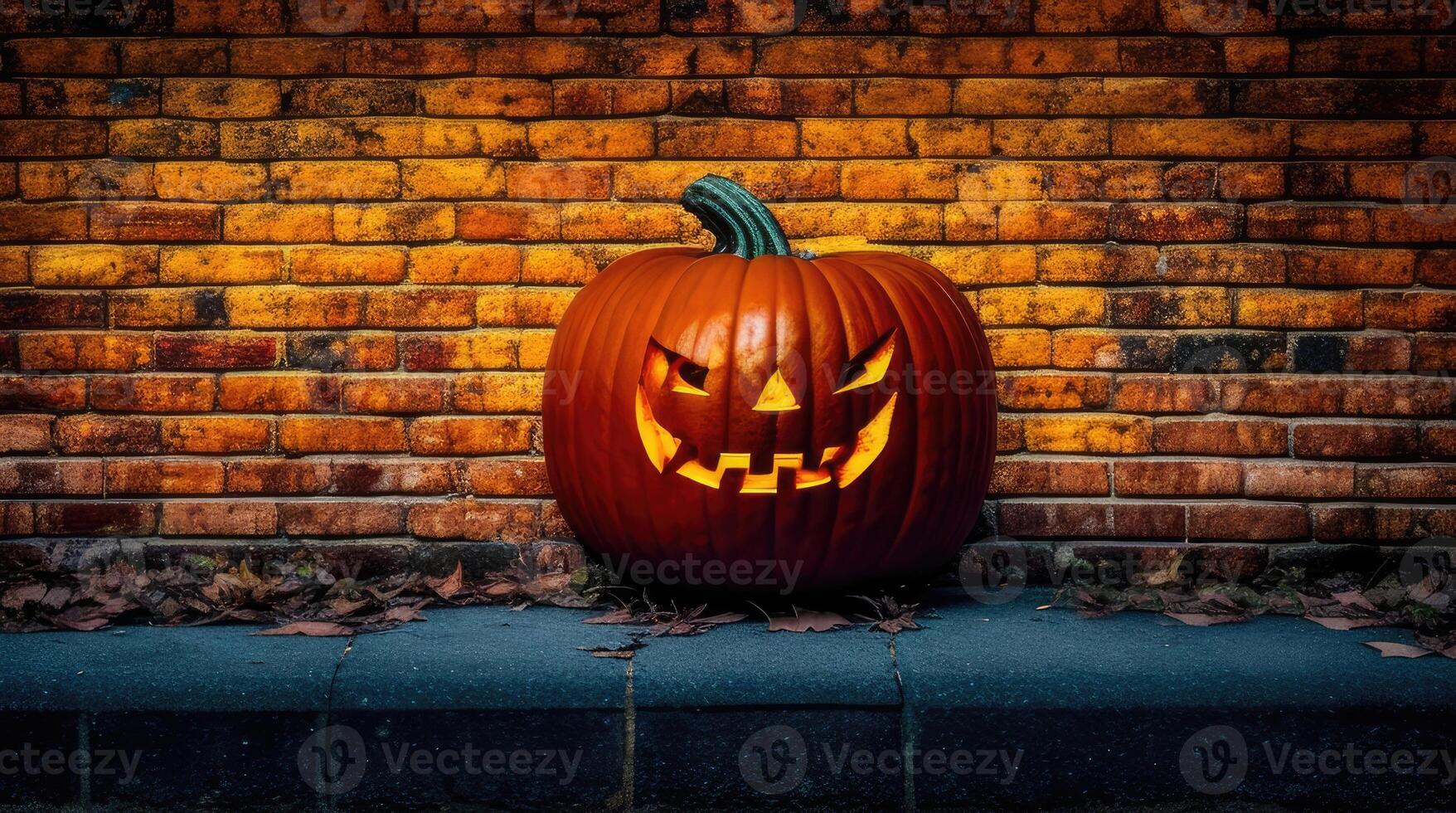 ai generativo, Jack o lanterna su un' mattone parete per Halloween giorno celebrazione foto