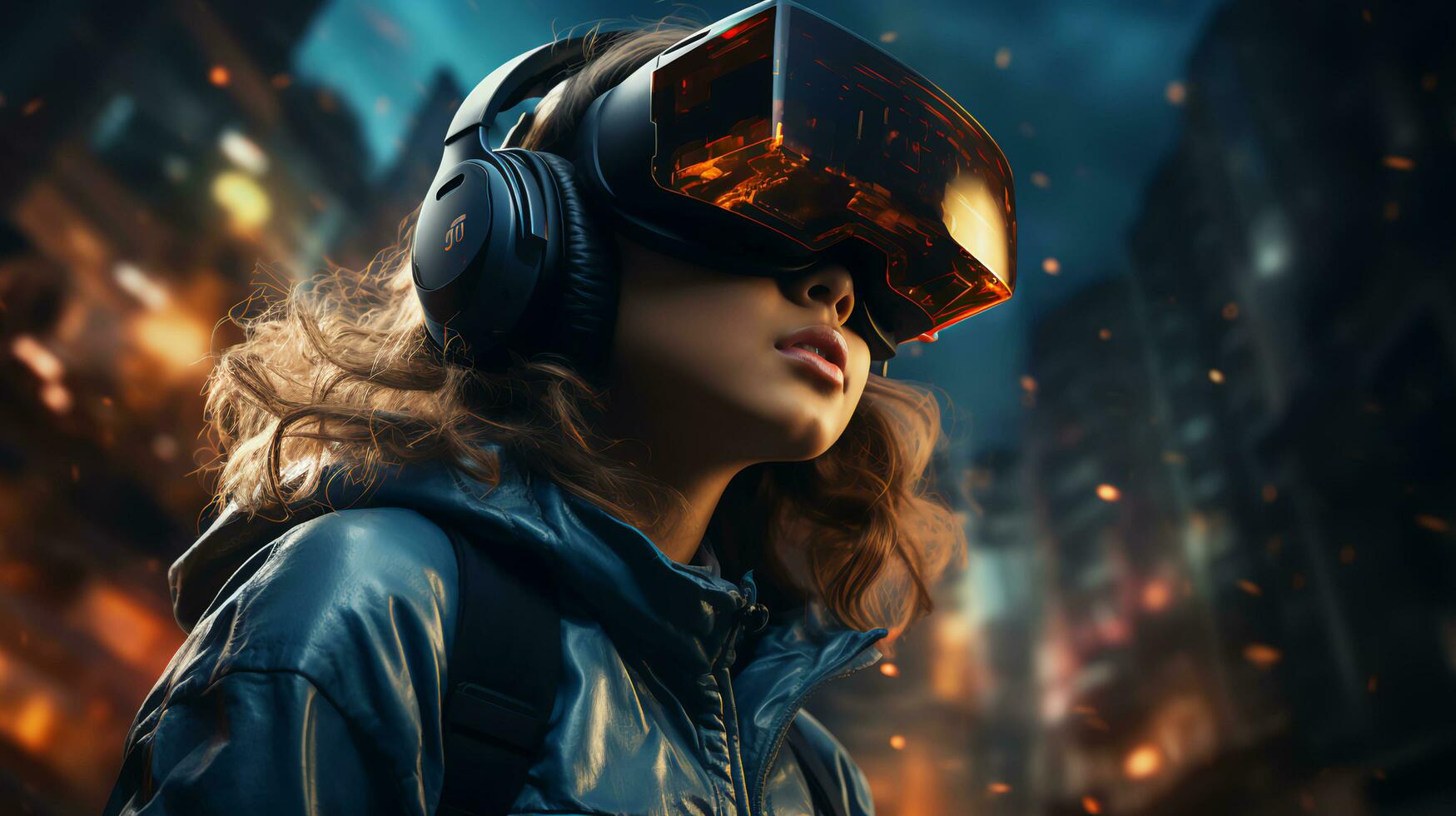 ai-generato giovane ragazza indossare Augmented la realtà bicchieri nel un' computer gioco nel il virtuale mondo foto