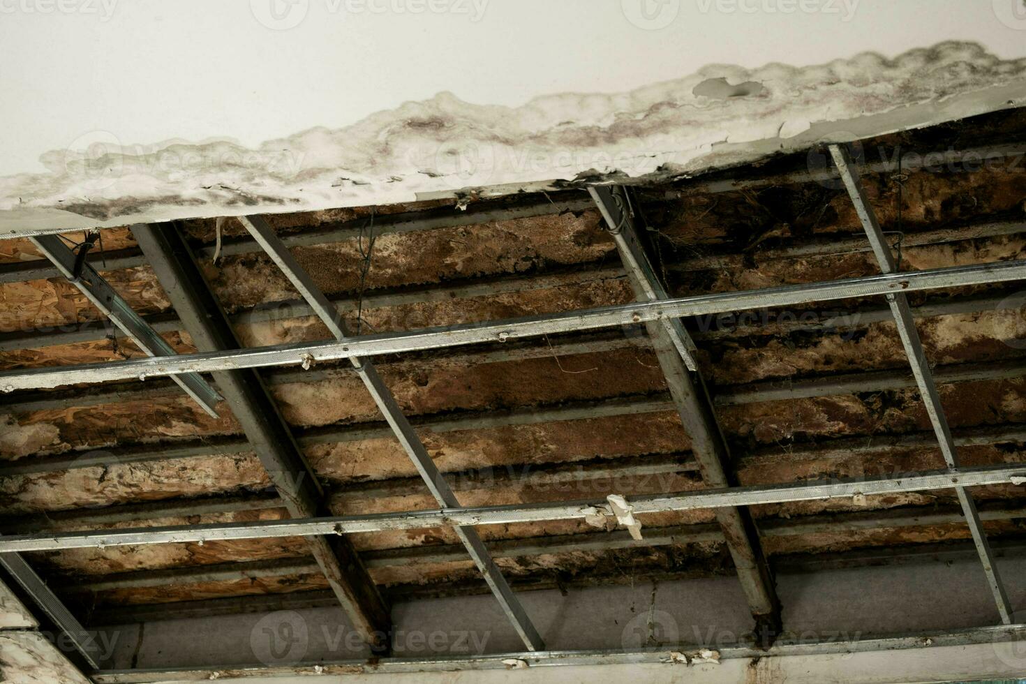 soffitto pannelli aveva danneggiato un' grande buco nel il tetto a partire dal un' acqua piovana perdere. soffitto danneggiato di acqua. il soffitto rotto giù foto