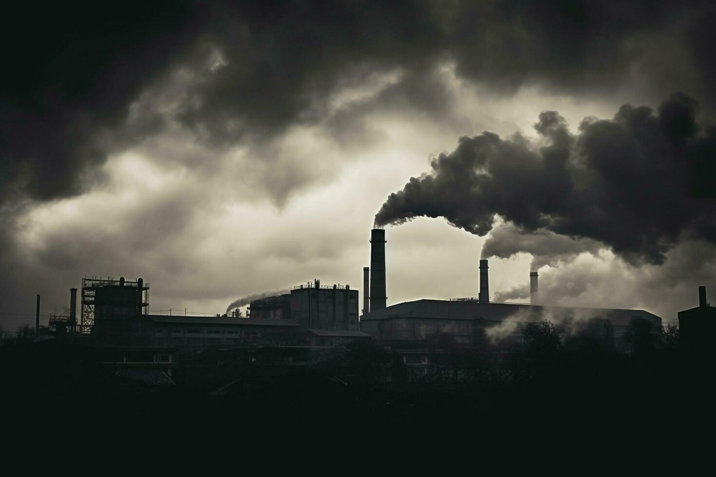 un' nero e bianca Immagine di Fumo In arrivo su di un' fabbrica, aria inquinamento, globale riscaldamento, generativo ai foto