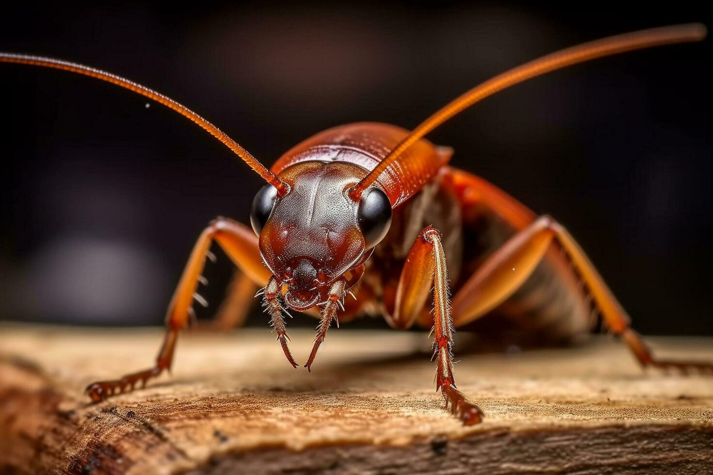 un' avvicinamento di un' scarafaggio su un' pezzo di Di legno, un' macro Immagine di un' scarafaggio, generativo ai foto