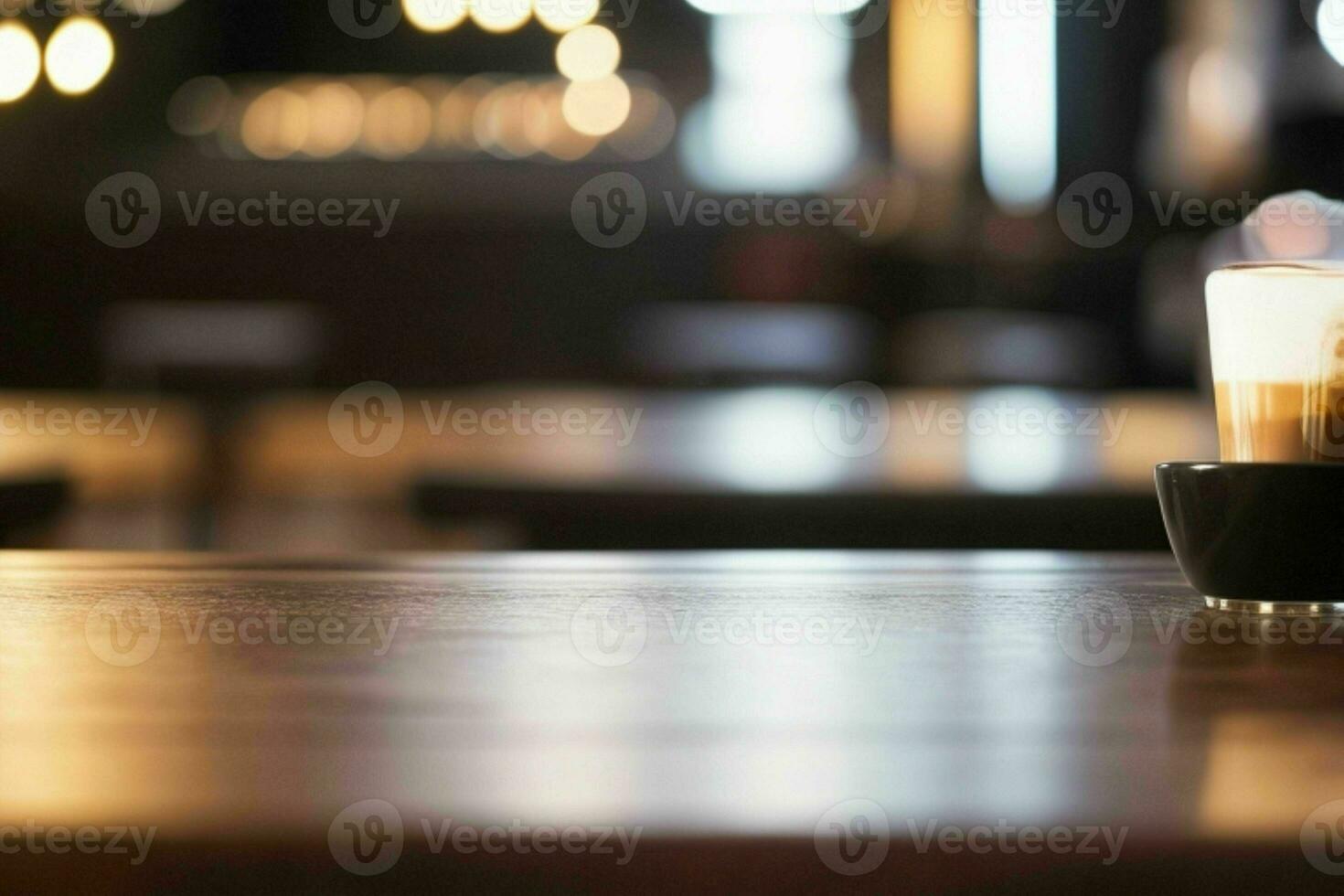 di legno tavolo nel davanti di un' sfocato sfondo di ristorante luci. ai generativo professionista foto