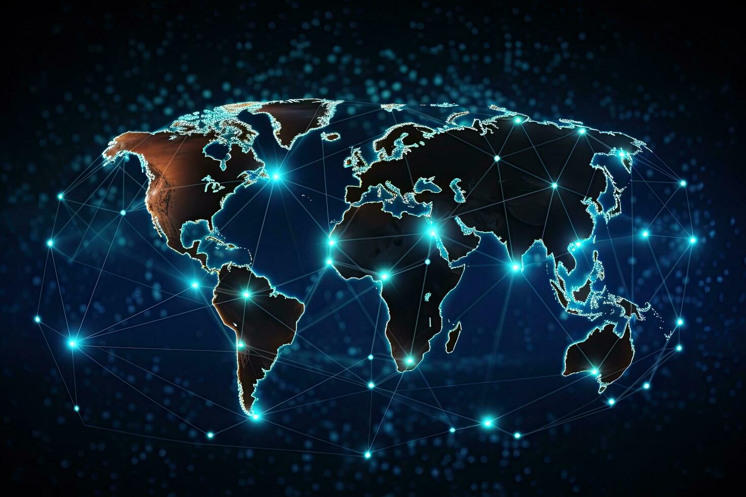 mondo carta geografica su tecnologico sfondo, raggiante Linee simboli. 3d rendering, globale Rete connessione su un' mondo carta geografica ologramma, nero sfondo, ai generato foto