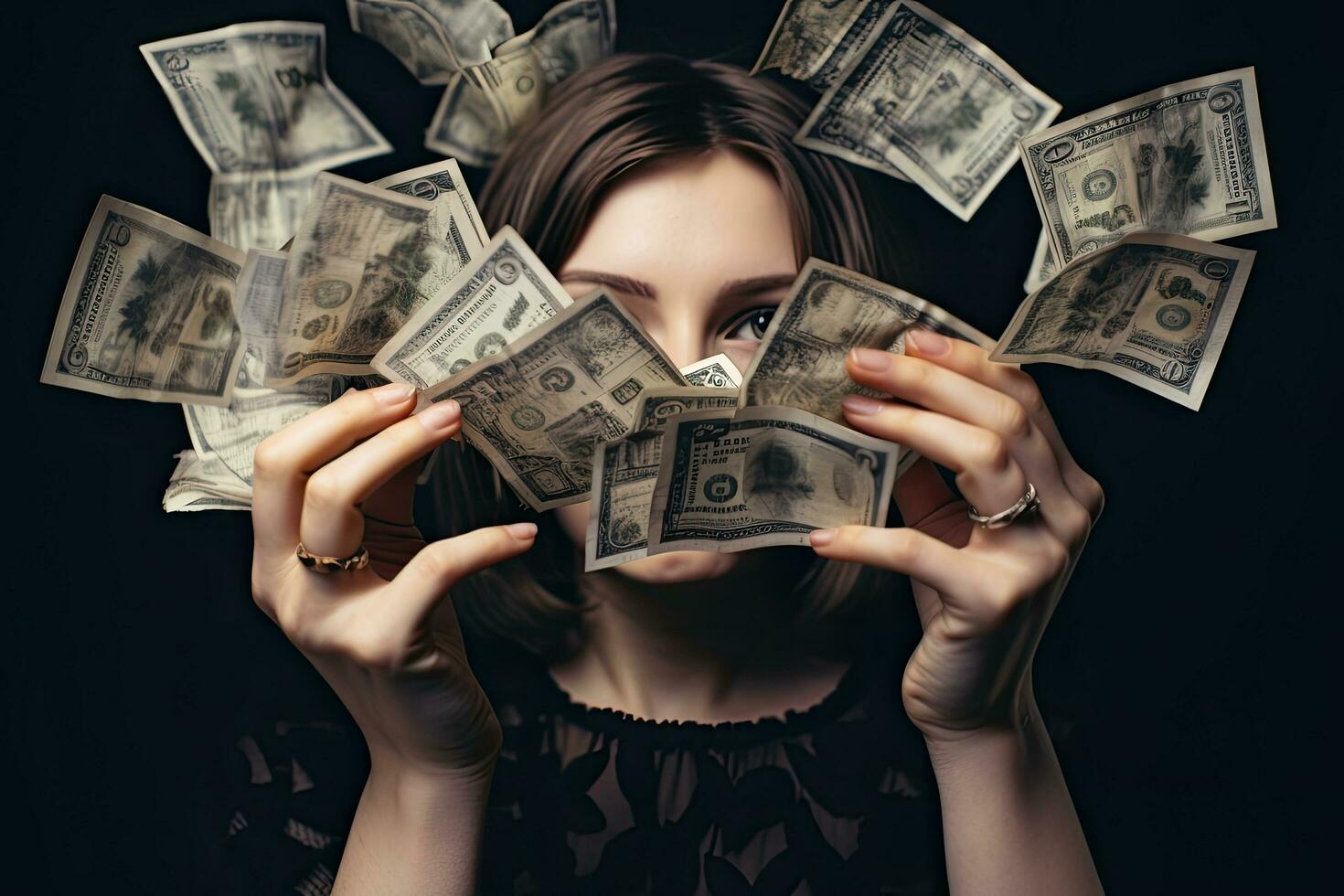 giovane donna con i soldi nel sua mani su buio sfondo. avvicinamento, ragazza copertura sua viso con i soldi fan vicino su, no mano deformazione, ai generato foto