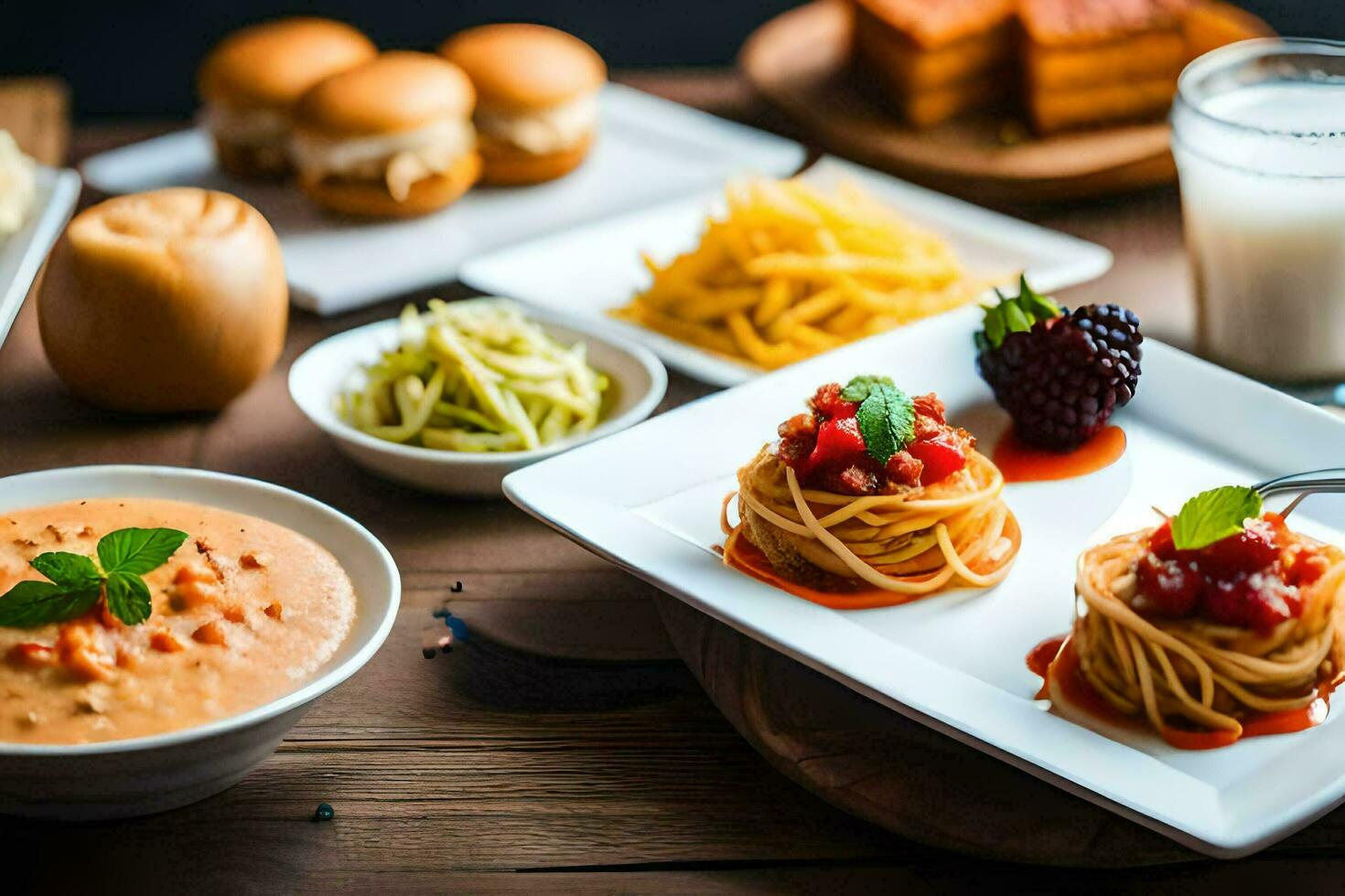 un' tavolo con piatti di cibo e bevande. ai-generato foto