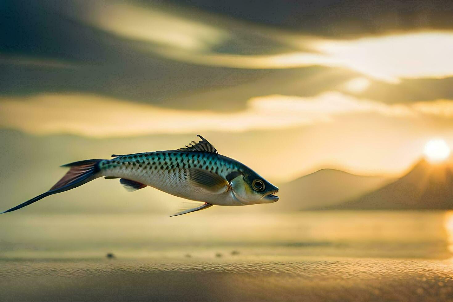 un' pesce è volante al di sopra di il oceano a tramonto. ai-generato foto