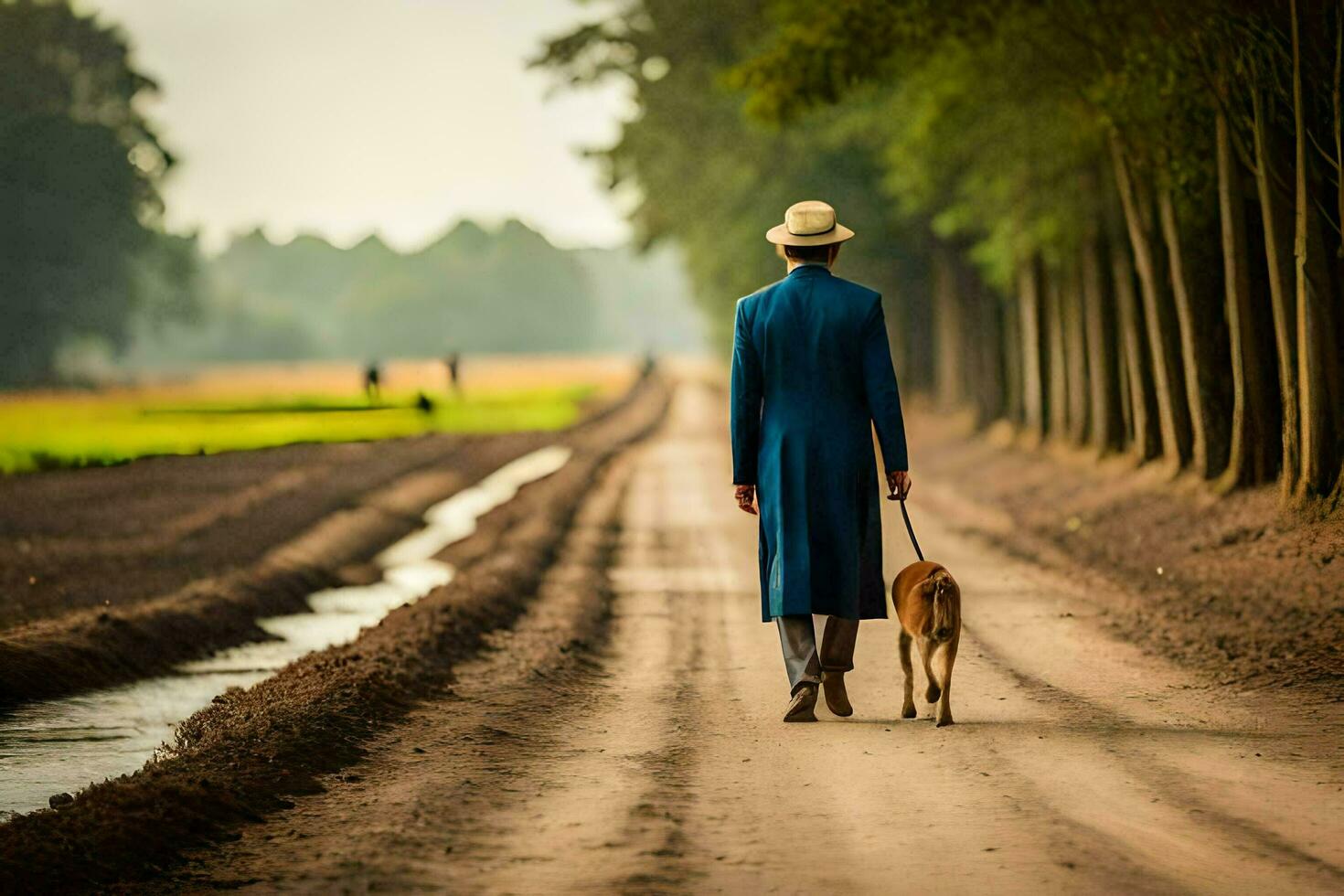 un' uomo nel un' blu cappotto e cappello a piedi il suo cane giù un' sporco strada. ai-generato foto