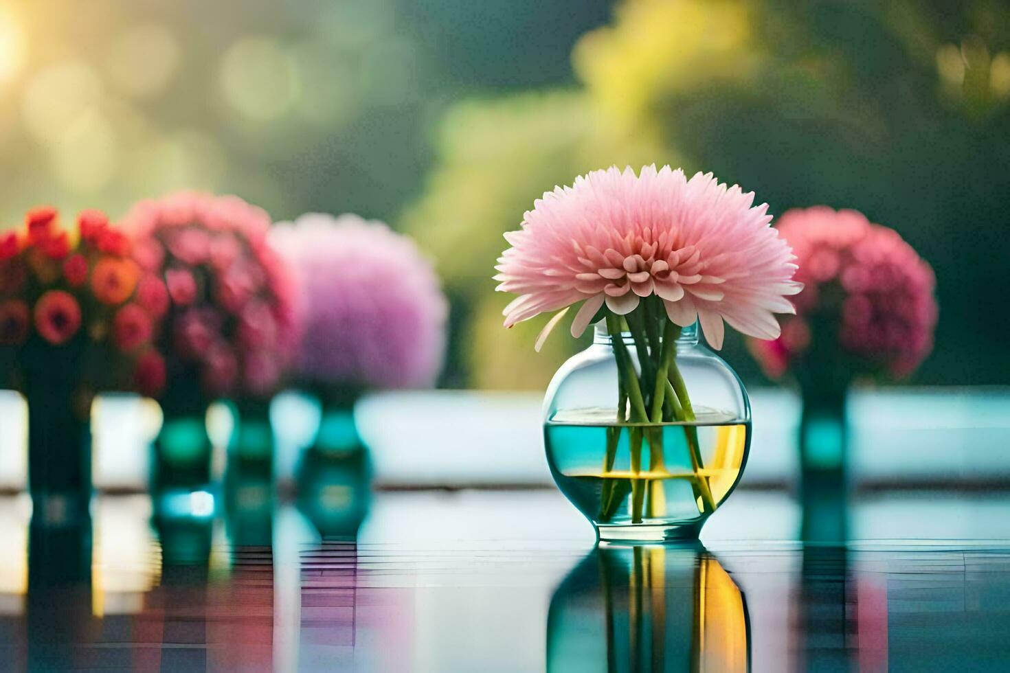 rosa fiori nel vasi su un' tavolo. ai-generato foto