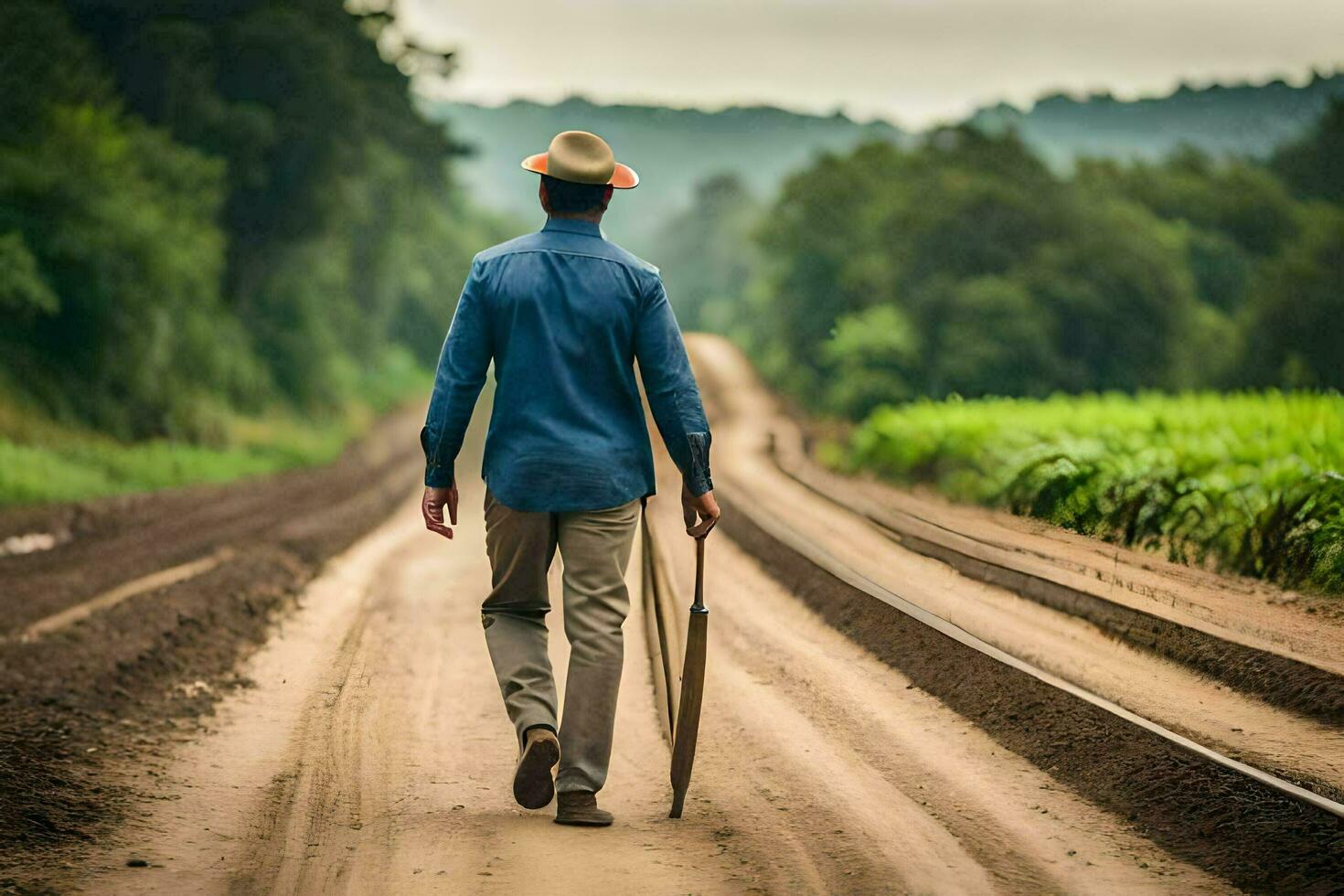 un' uomo a piedi giù un' sporco strada con un ombrello. ai-generato foto