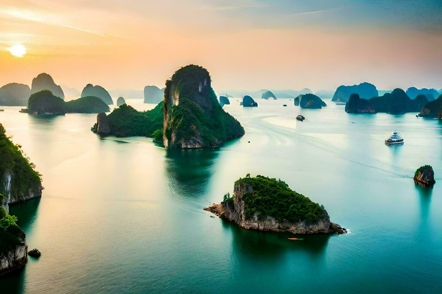 il sole imposta al di sopra di il acqua nel halong baia, Vietnam. ai-generato foto