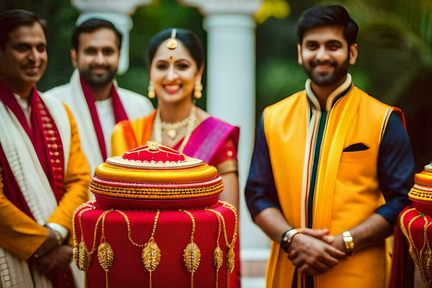 un' coppia nel tradizionale indiano abbigliamento con loro gli amici. ai-generato foto