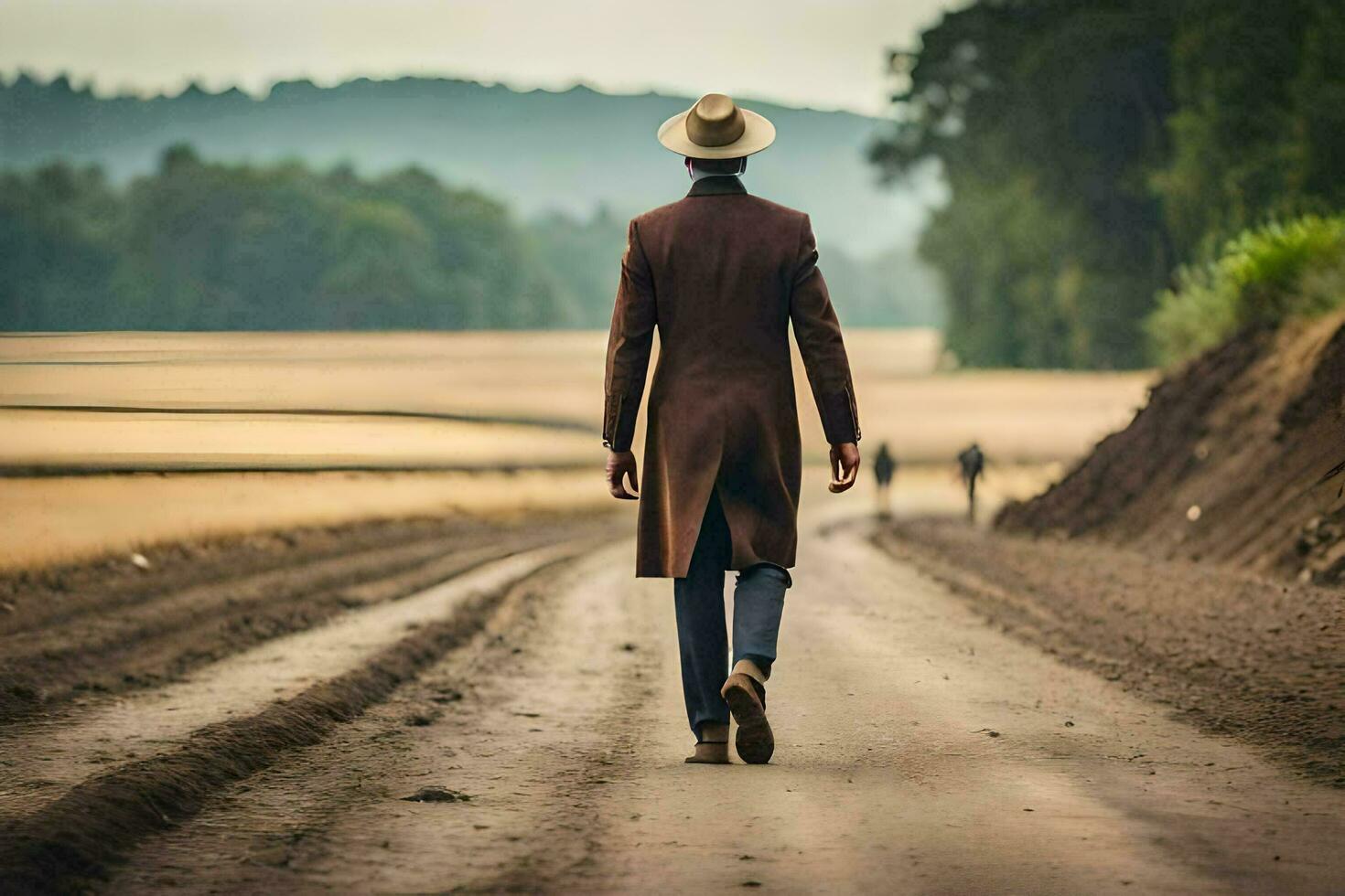 un' uomo nel un' cappello e cappotto a piedi giù un' sporco strada. ai-generato foto