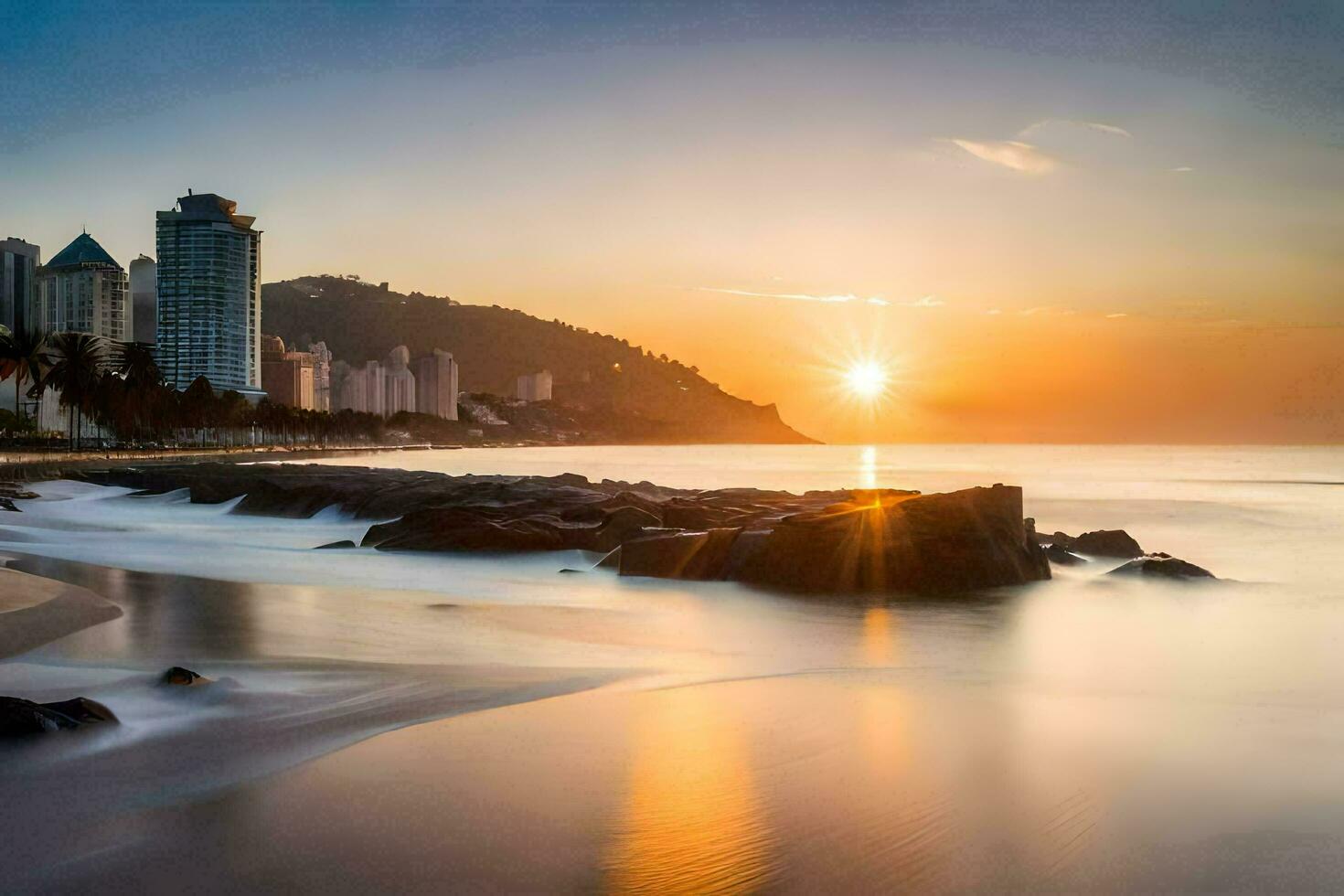 il sole imposta al di sopra di il spiaggia e edifici nel il sfondo. ai-generato foto