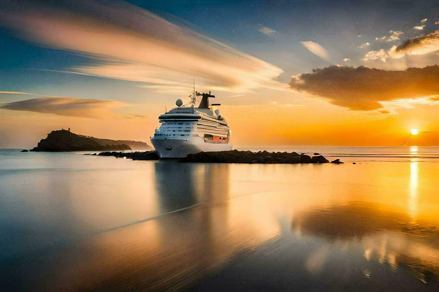 un' crociera nave nel il oceano a tramonto. ai-generato foto