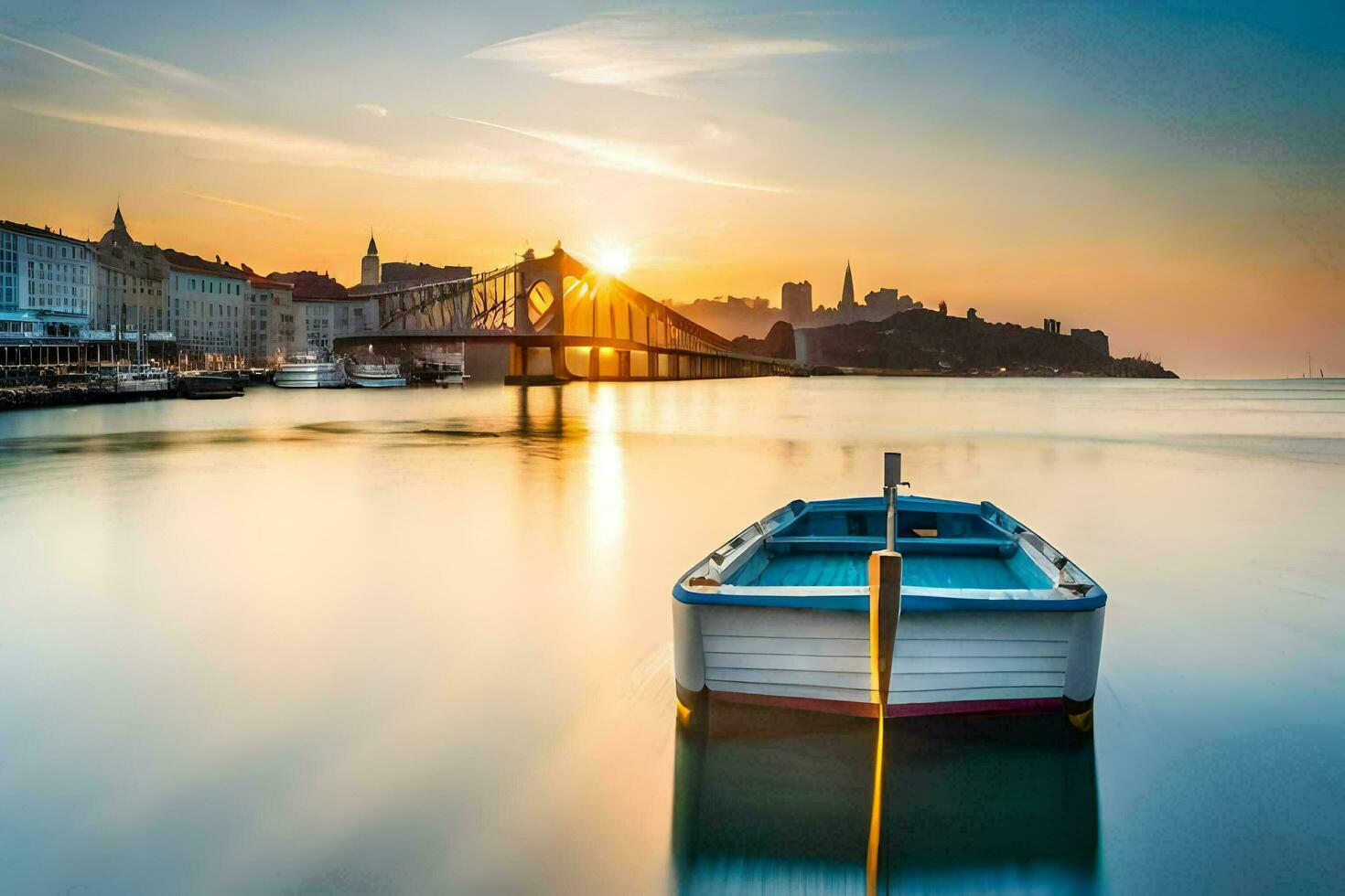 un' barca si siede su il acqua a tramonto. ai-generato foto